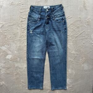 Fashion Nova Double Waisted Jeans Women's Size 1 Blue Distressed Denim Pants